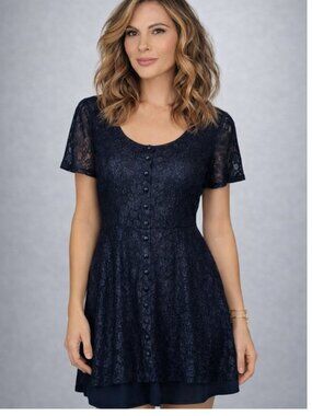 Vintage Brett Alixander Lace Overlay Tie Waist Short Sleeve Dress